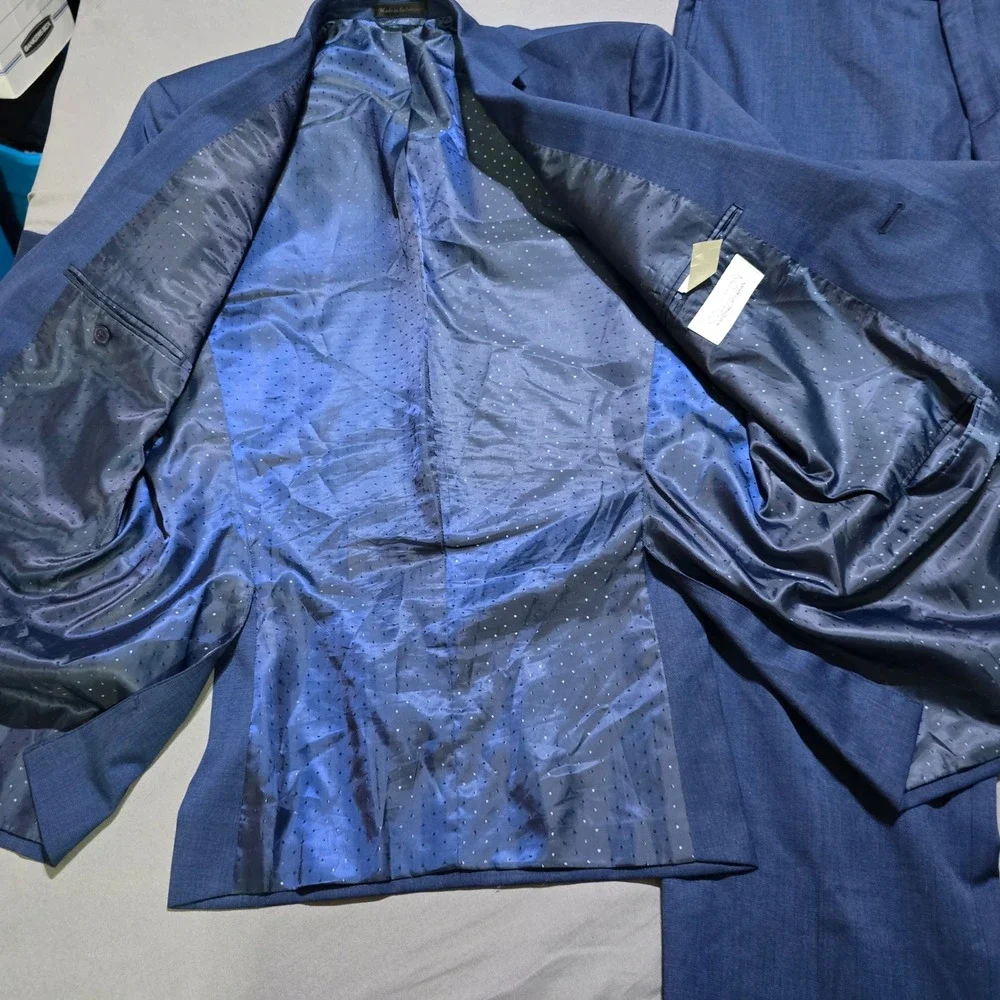 Michael Strahan Suit Mens jacket 42L pants 36x30 Blue Wool Blend 2-Button Blazer